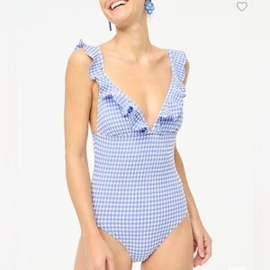J Crew Factory Seersucker ruffle-shoulder V-neck one-piece swimsuit NWT Sz M